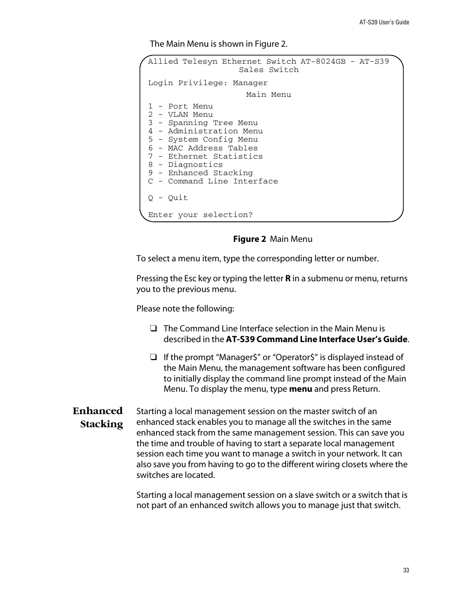 Enhanced stacking, Figure 2: main menu | Allied Telesis AT-S39 User Manual | Page 33 / 343