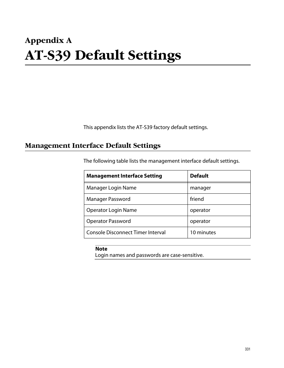 Appendix a, At-s39 default settings, Management interface default settings | Allied Telesis AT-S39 User Manual | Page 331 / 343