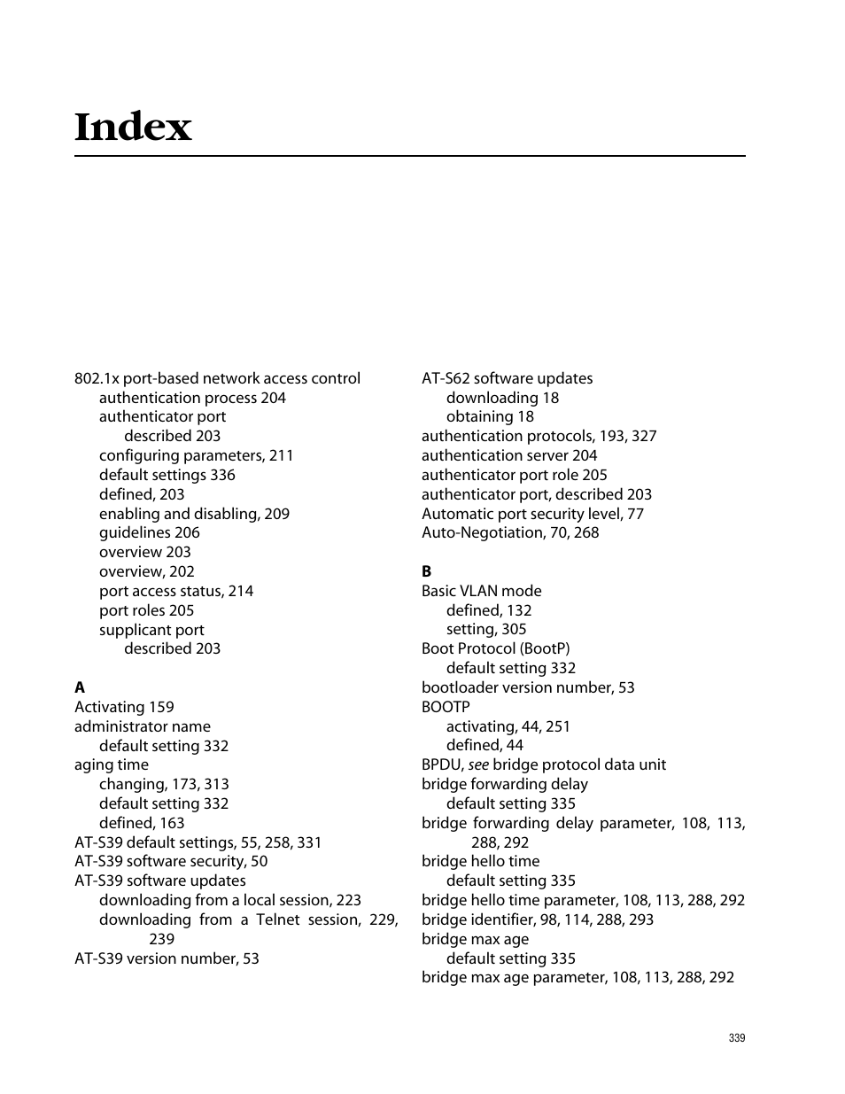 Index | Allied Telesis AT-S39 User Manual | Page 339 / 343