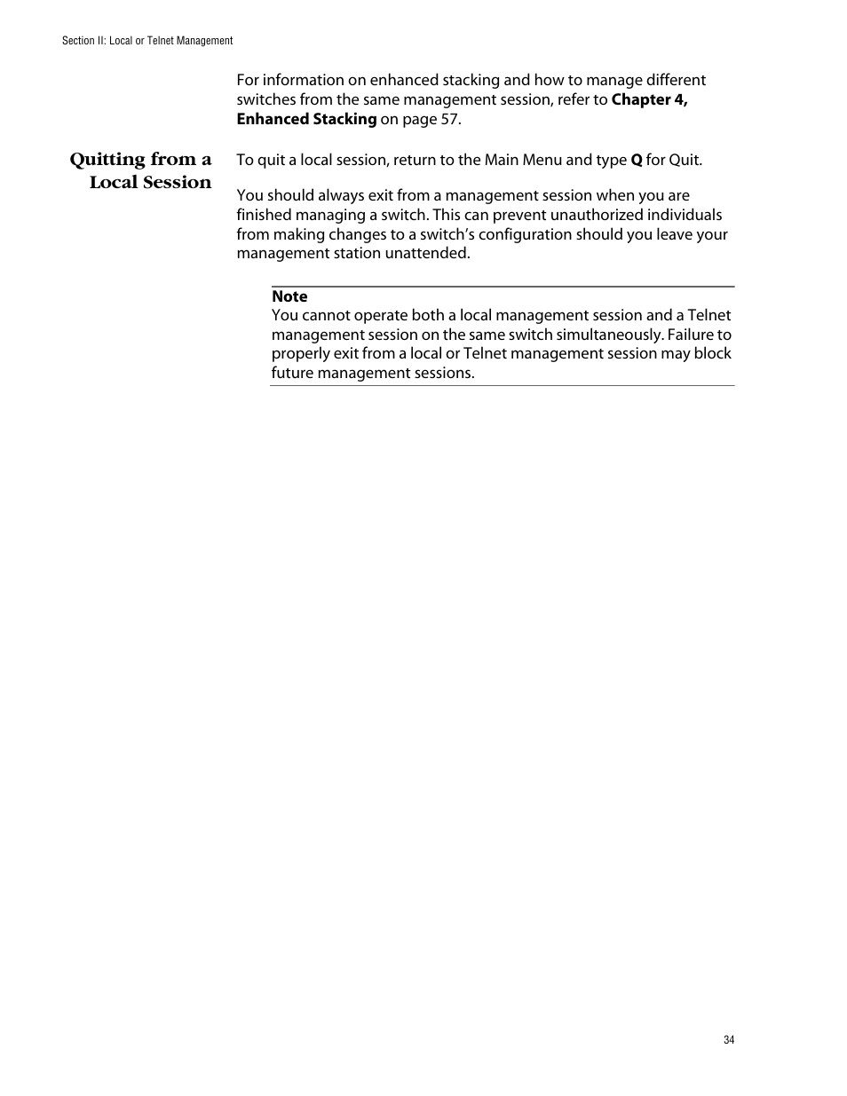 Quitting from a local session | Allied Telesis AT-S39 User Manual | Page 34 / 343