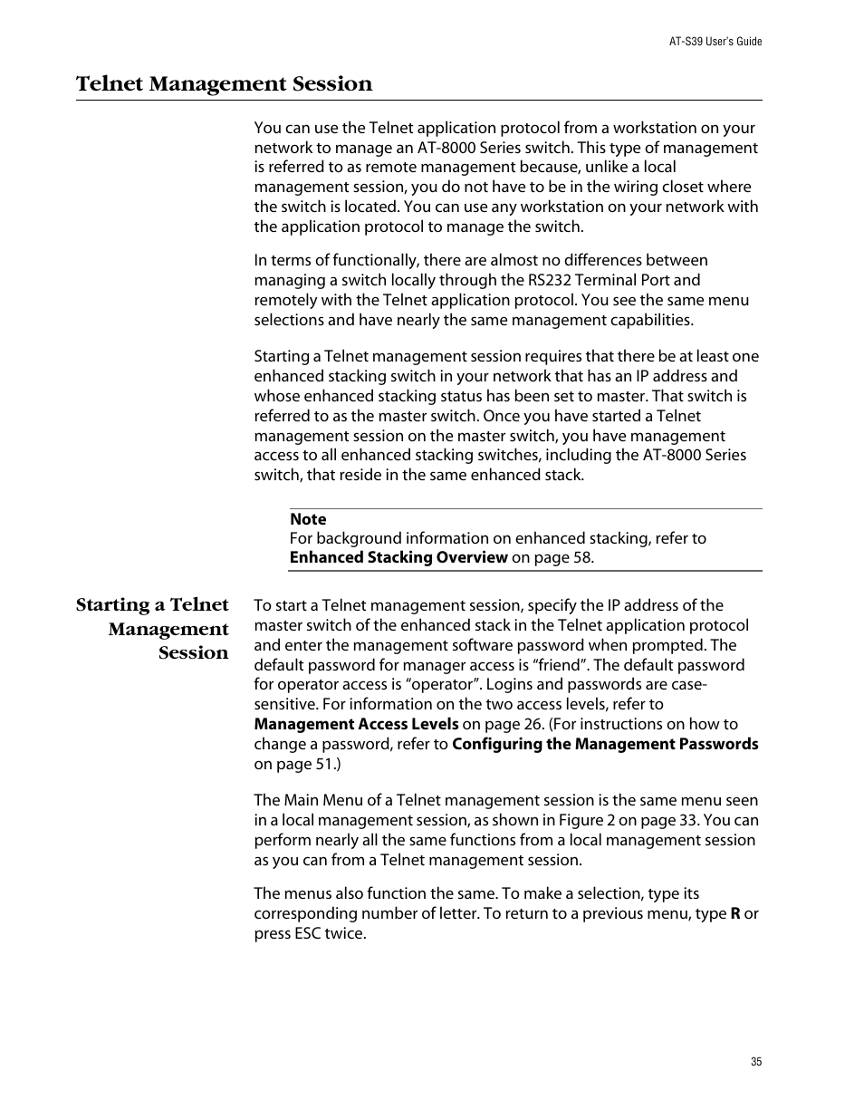 Telnet management session, Starting a telnet management session | Allied Telesis AT-S39 User Manual | Page 35 / 343