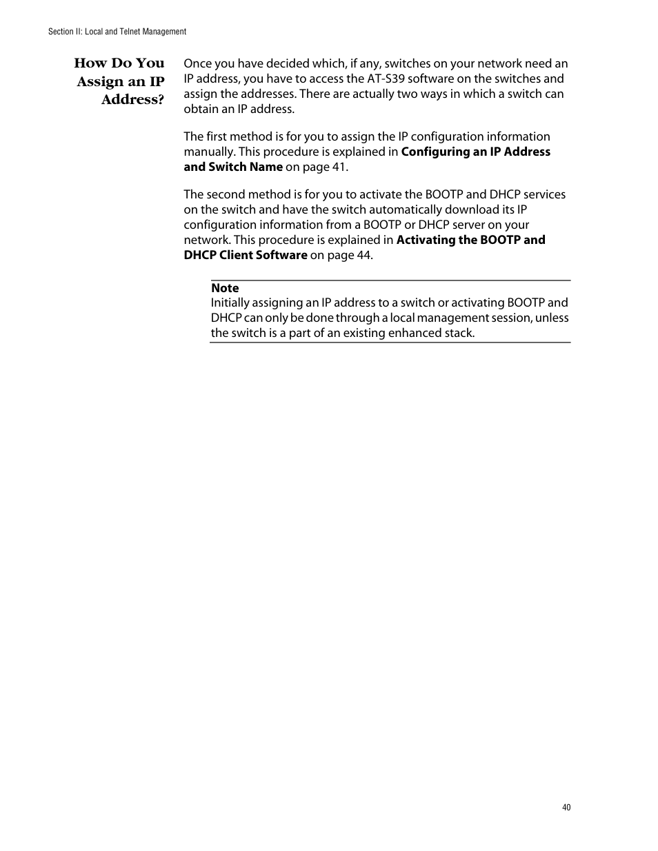 How do you assign an ip address | Allied Telesis AT-S39 User Manual | Page 40 / 343