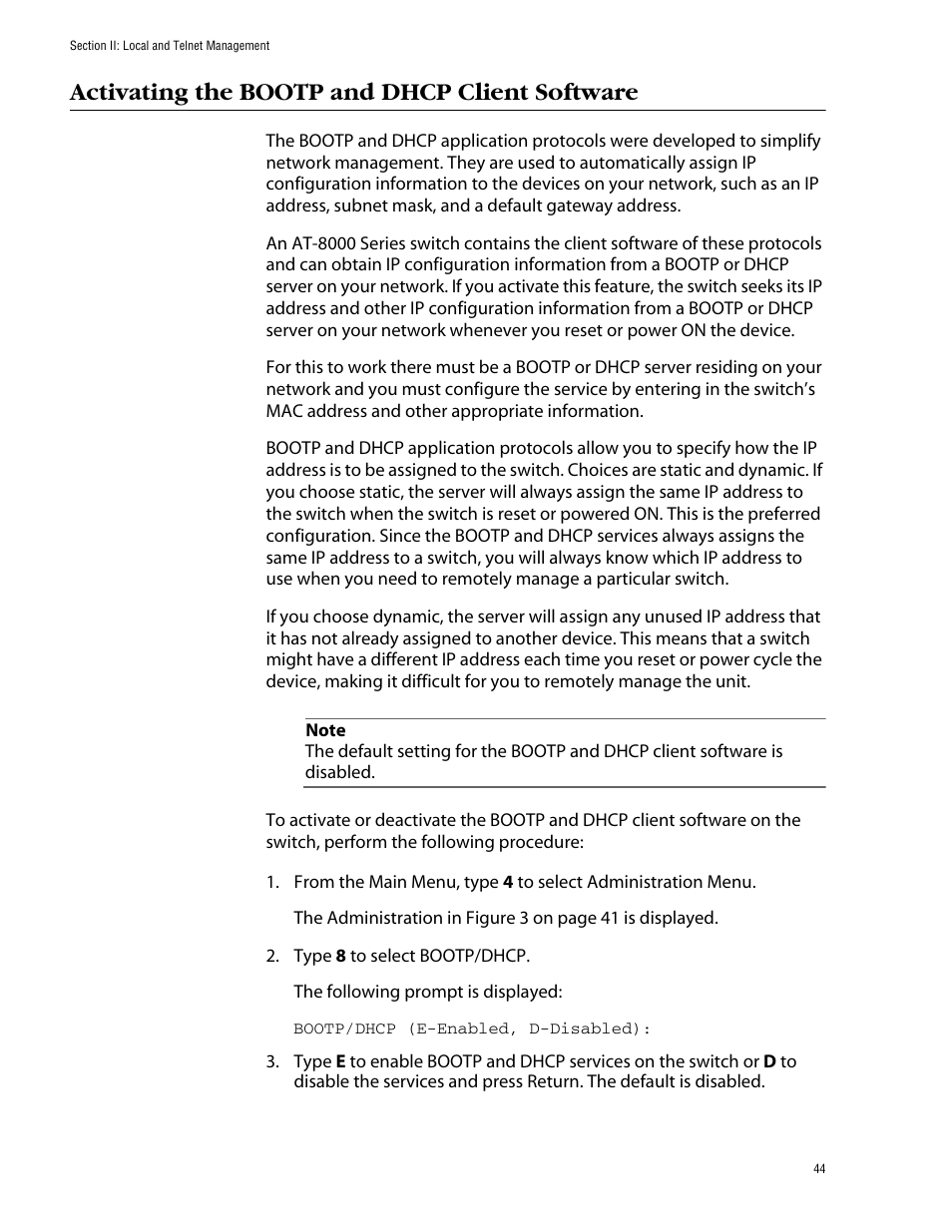 Activating the bootp and dhcp client software | Allied Telesis AT-S39 User Manual | Page 44 / 343