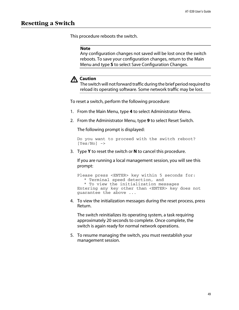 Resetting a switch | Allied Telesis AT-S39 User Manual | Page 49 / 343