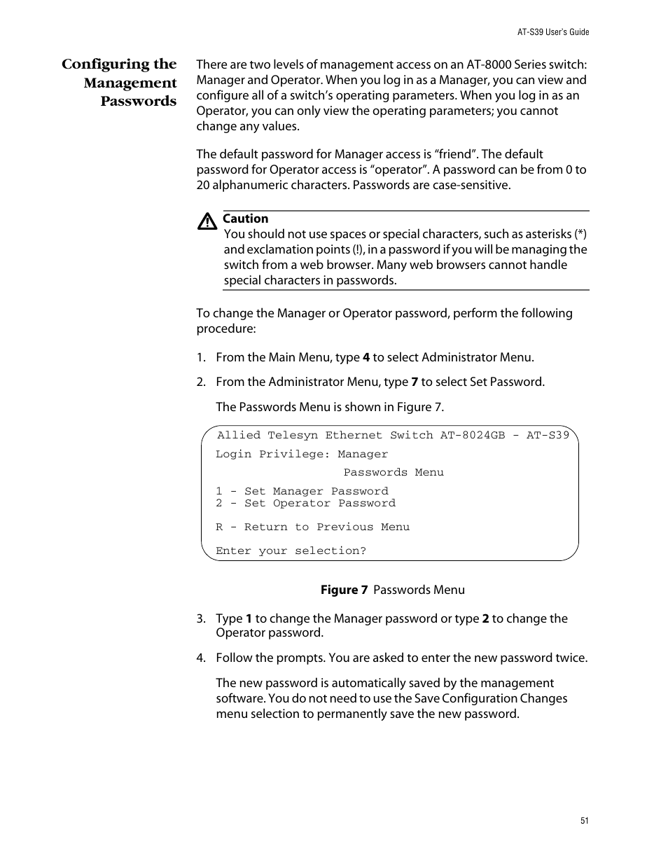 Configuring the management passwords, Figure 7: passwords menu | Allied Telesis AT-S39 User Manual | Page 51 / 343