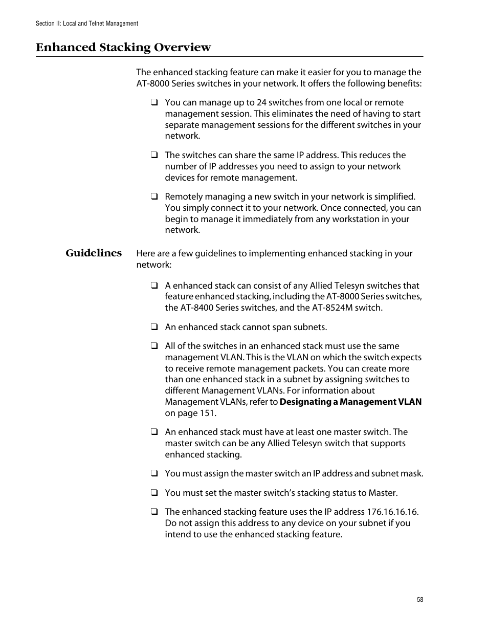 Enhanced stacking overview, Guidelines | Allied Telesis AT-S39 User Manual | Page 58 / 343