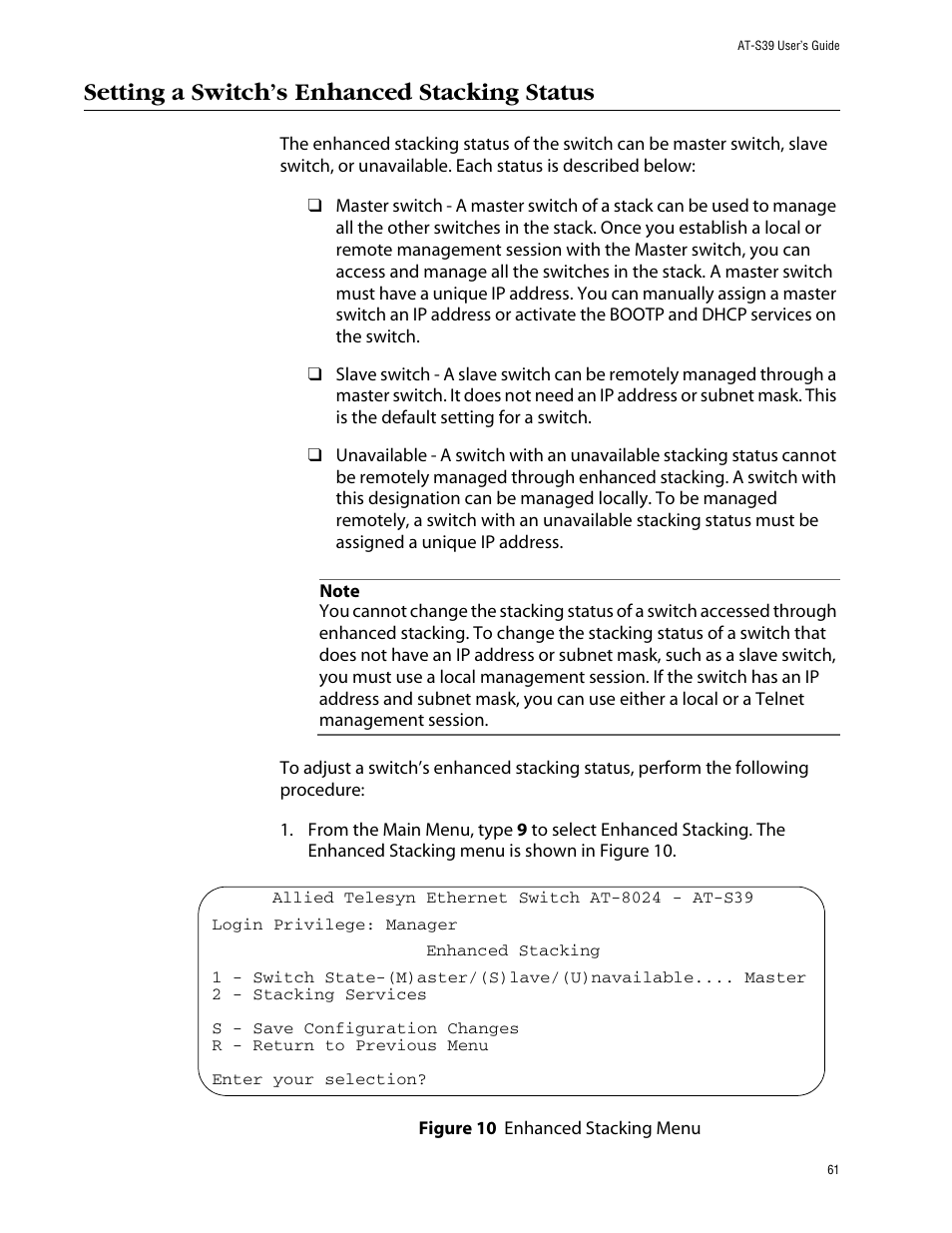 Setting a switch’s enhanced stacking status, Figure 10: enhanced stacking menu | Allied Telesis AT-S39 User Manual | Page 61 / 343