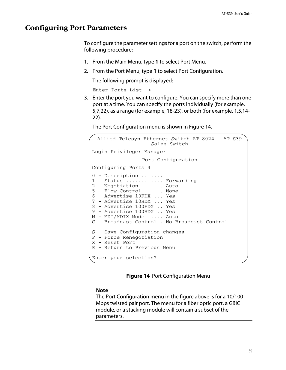 Configuring port parameters, Figure 14: port configuration menu | Allied Telesis AT-S39 User Manual | Page 69 / 343