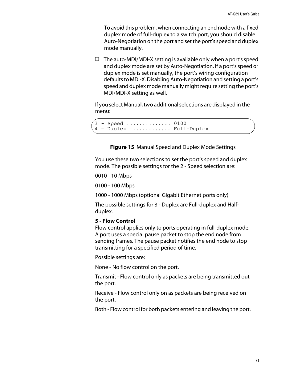 Figure 15: manual speed and duplex mode settings | Allied Telesis AT-S39 User Manual | Page 71 / 343