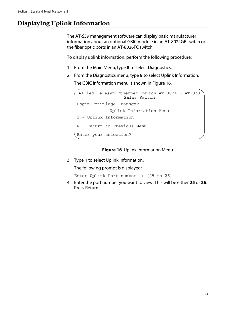 Displaying uplink information, Figure 16: uplink information menu | Allied Telesis AT-S39 User Manual | Page 74 / 343