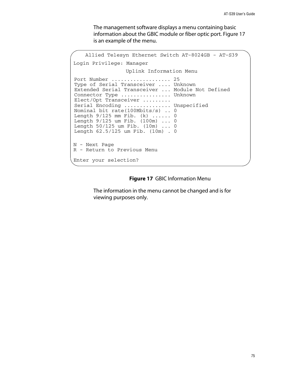 Figure 17: gbic information menu | Allied Telesis AT-S39 User Manual | Page 75 / 343