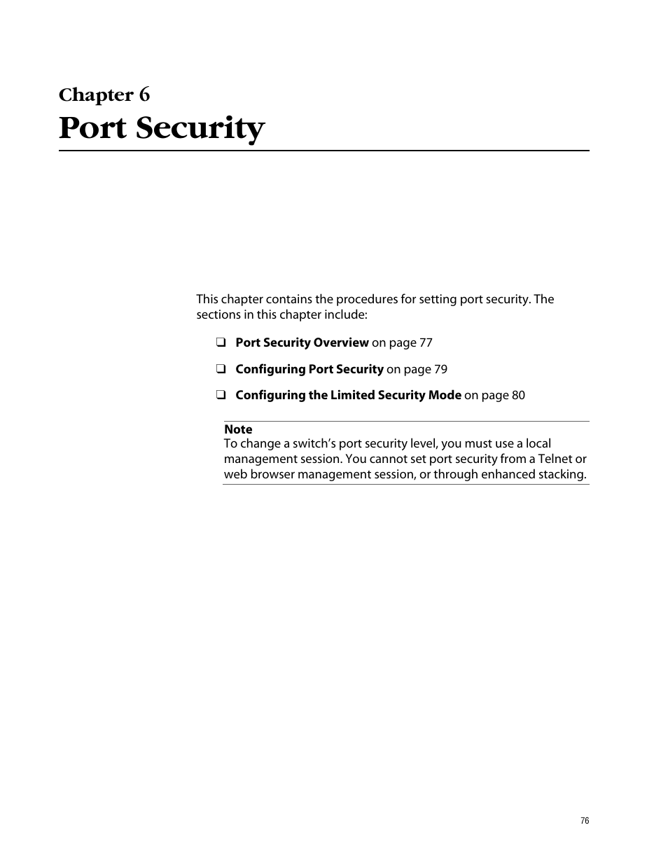 Chapter 6, Port security, Chapter 6 port security | Allied Telesis AT-S39 User Manual | Page 76 / 343