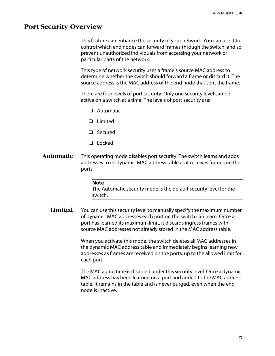 Port security overview, Automatic, Limited | Automatic limited | Allied Telesis AT-S39 User Manual | Page 77 / 343