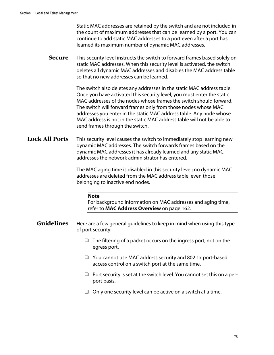 Secure, Lock all ports, Guidelines | Secure lock all ports guidelines | Allied Telesis AT-S39 User Manual | Page 78 / 343