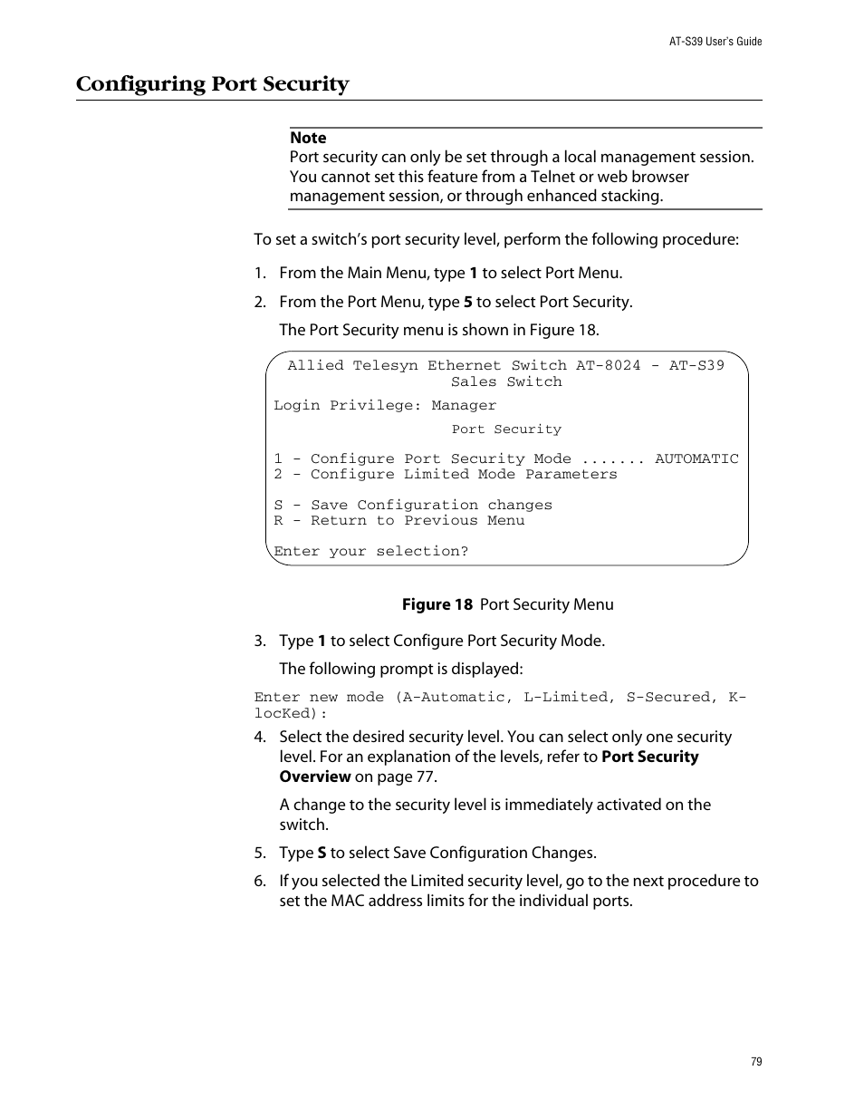 Configuring port security, Figure 18: port security menu | Allied Telesis AT-S39 User Manual | Page 79 / 343