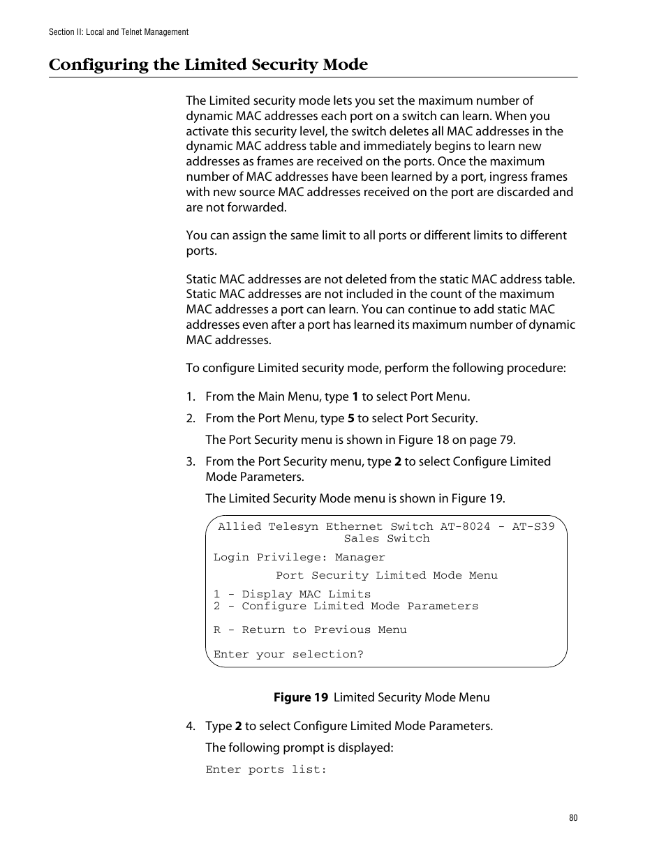 Configuring the limited security mode, Limited security mode menu | Allied Telesis AT-S39 User Manual | Page 80 / 343