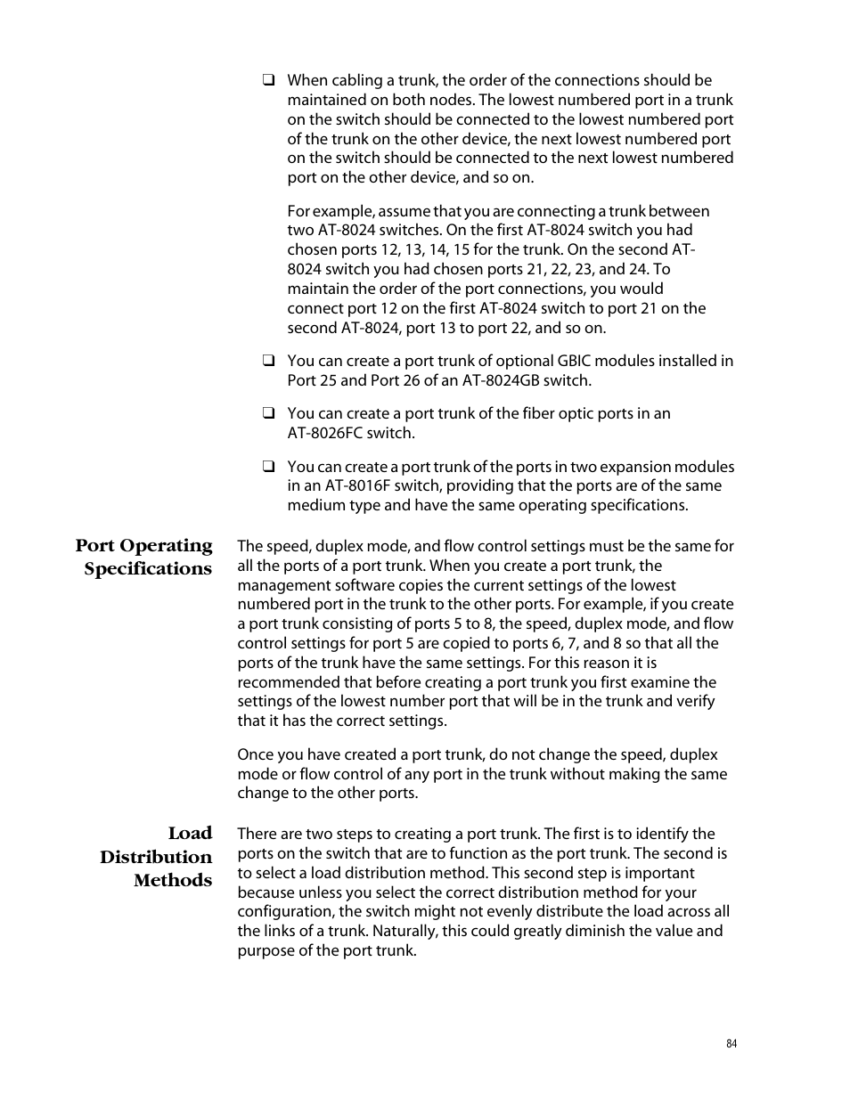 Port operating specifications, Load distribution methods | Allied Telesis AT-S39 User Manual | Page 84 / 343