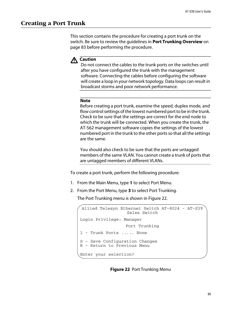 Creating a port trunk, Figure 22: port trunking menu | Allied Telesis AT-S39 User Manual | Page 89 / 343