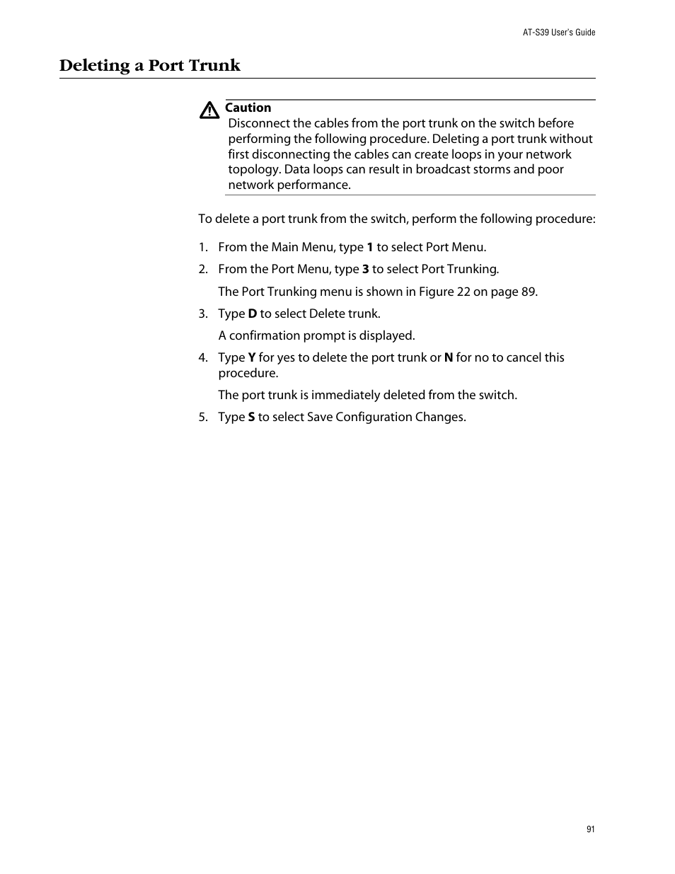Deleting a port trunk | Allied Telesis AT-S39 User Manual | Page 91 / 343