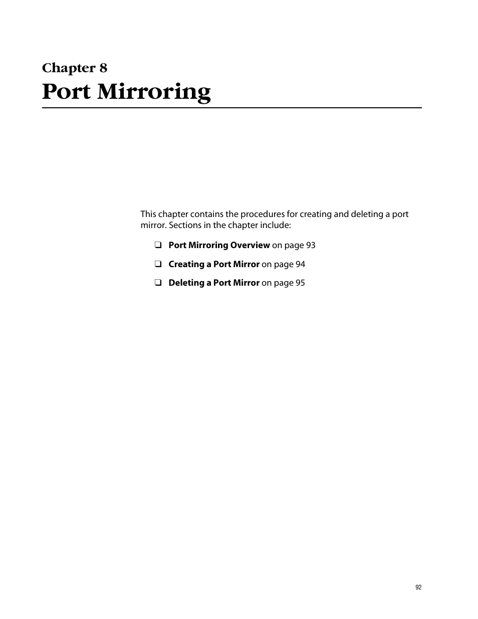 Chapter 8, Port mirroring, Chapter 8 port mirroring | Allied Telesis AT-S39 User Manual | Page 92 / 343