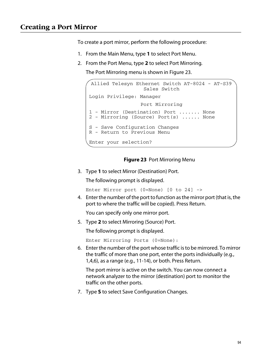 Creating a port mirror, Figure 23: port mirroring menu | Allied Telesis AT-S39 User Manual | Page 94 / 343