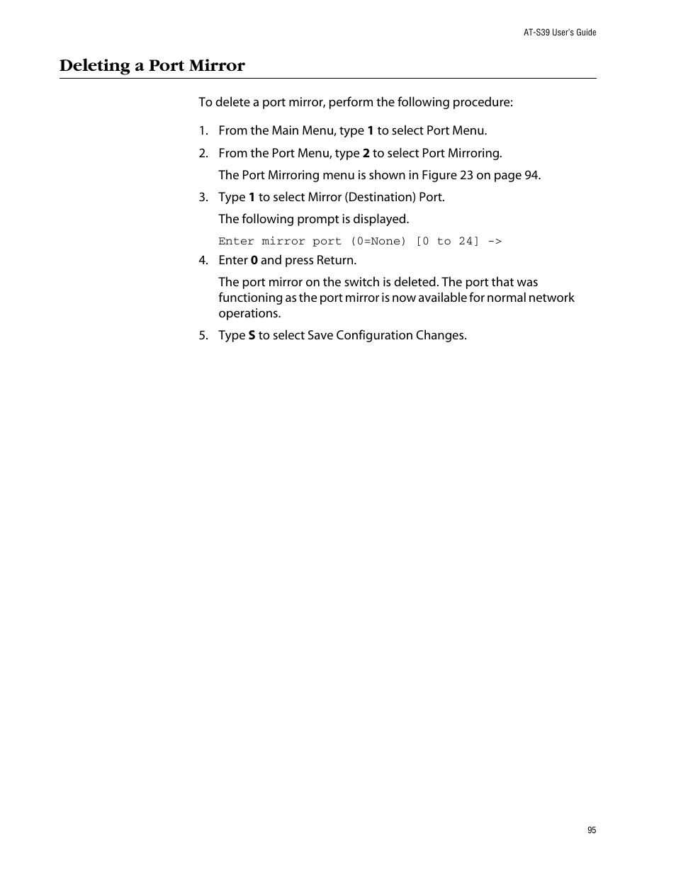 Deleting a port mirror | Allied Telesis AT-S39 User Manual | Page 95 / 343