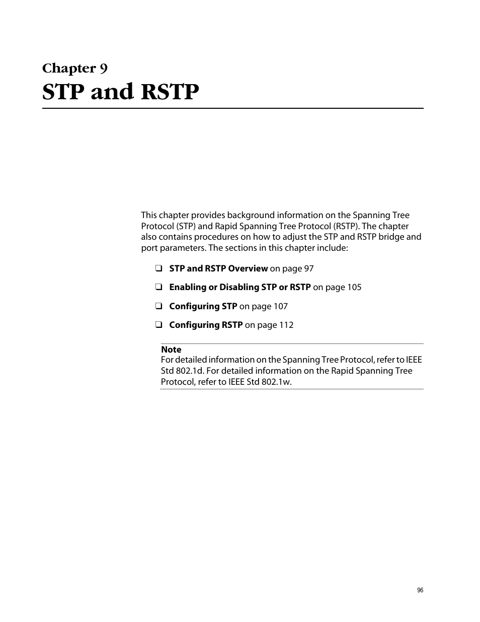 Chapter 9, Stp and rstp, Chapter 9 stp and rstp | Allied Telesis AT-S39 User Manual | Page 96 / 343