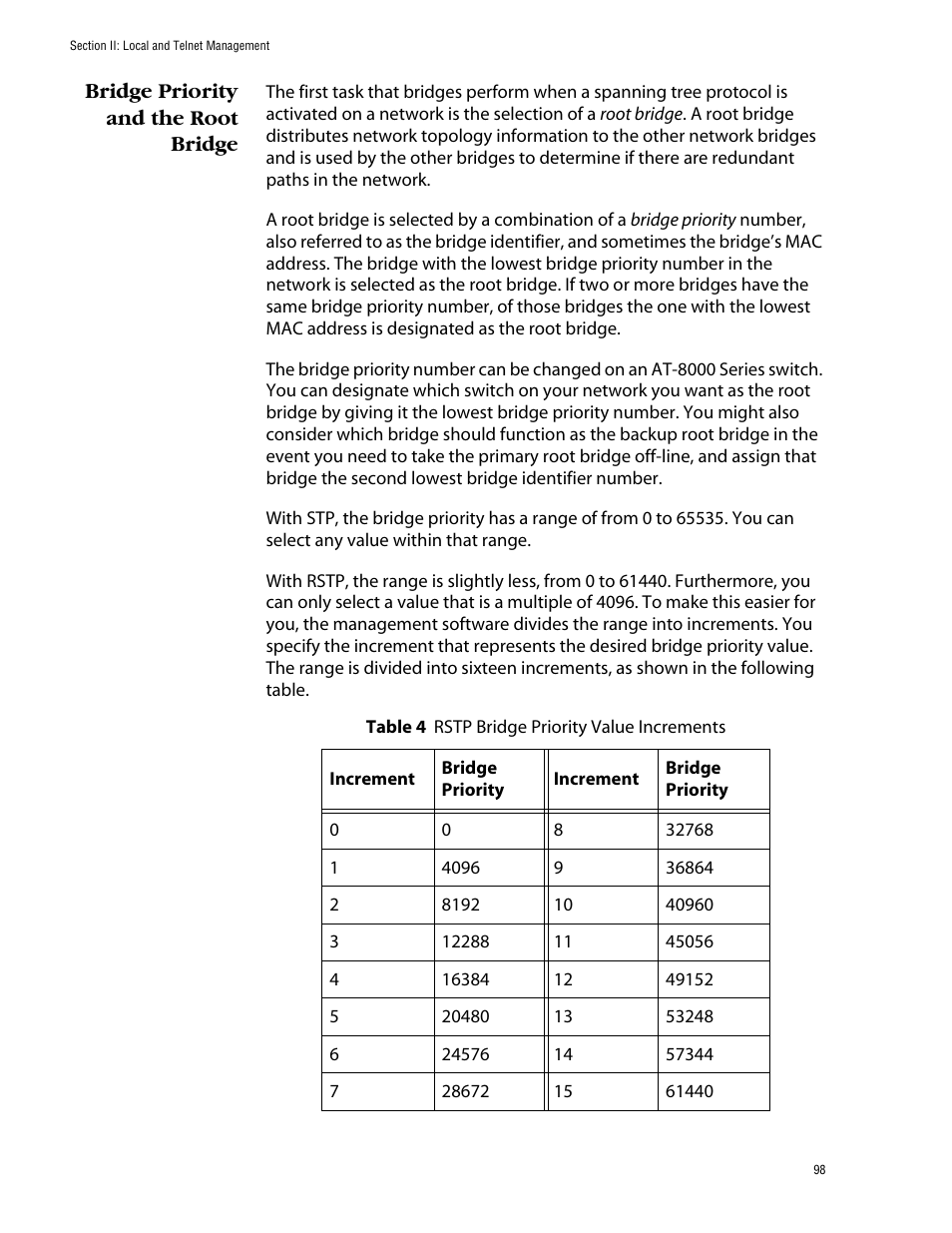 Bridge priority and the root bridge | Allied Telesis AT-S39 User Manual | Page 98 / 343