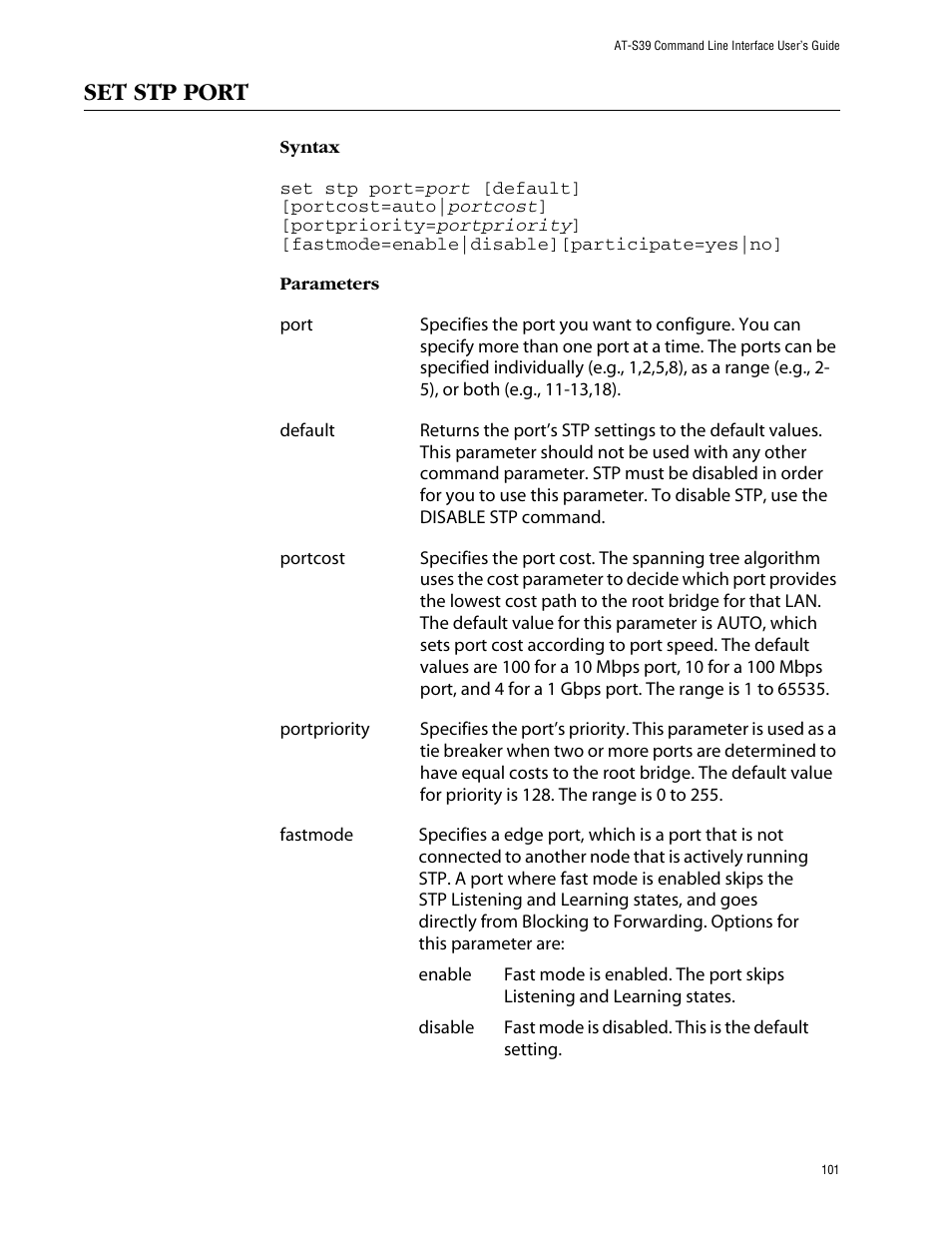 Set stp port | Allied Telesis AT-S39 User Manual | Page 101 / 203