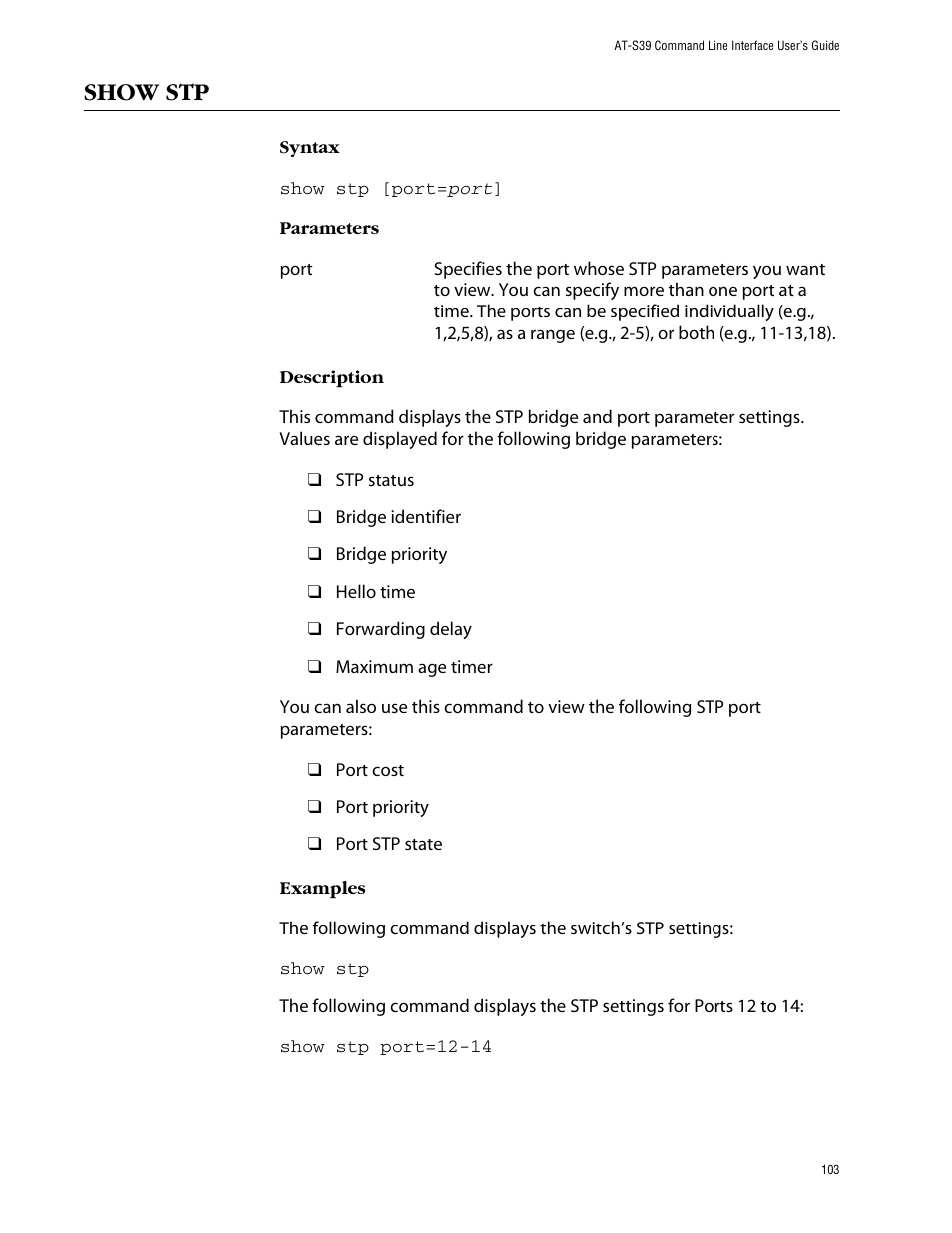 Show stp | Allied Telesis AT-S39 User Manual | Page 103 / 203