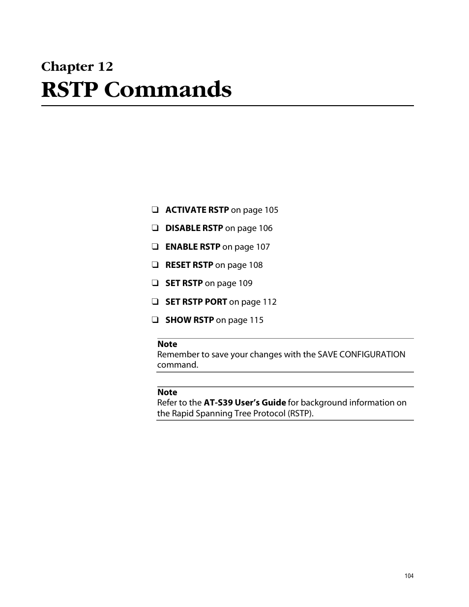 Chapter 12, Rstp commands | Allied Telesis AT-S39 User Manual | Page 104 / 203