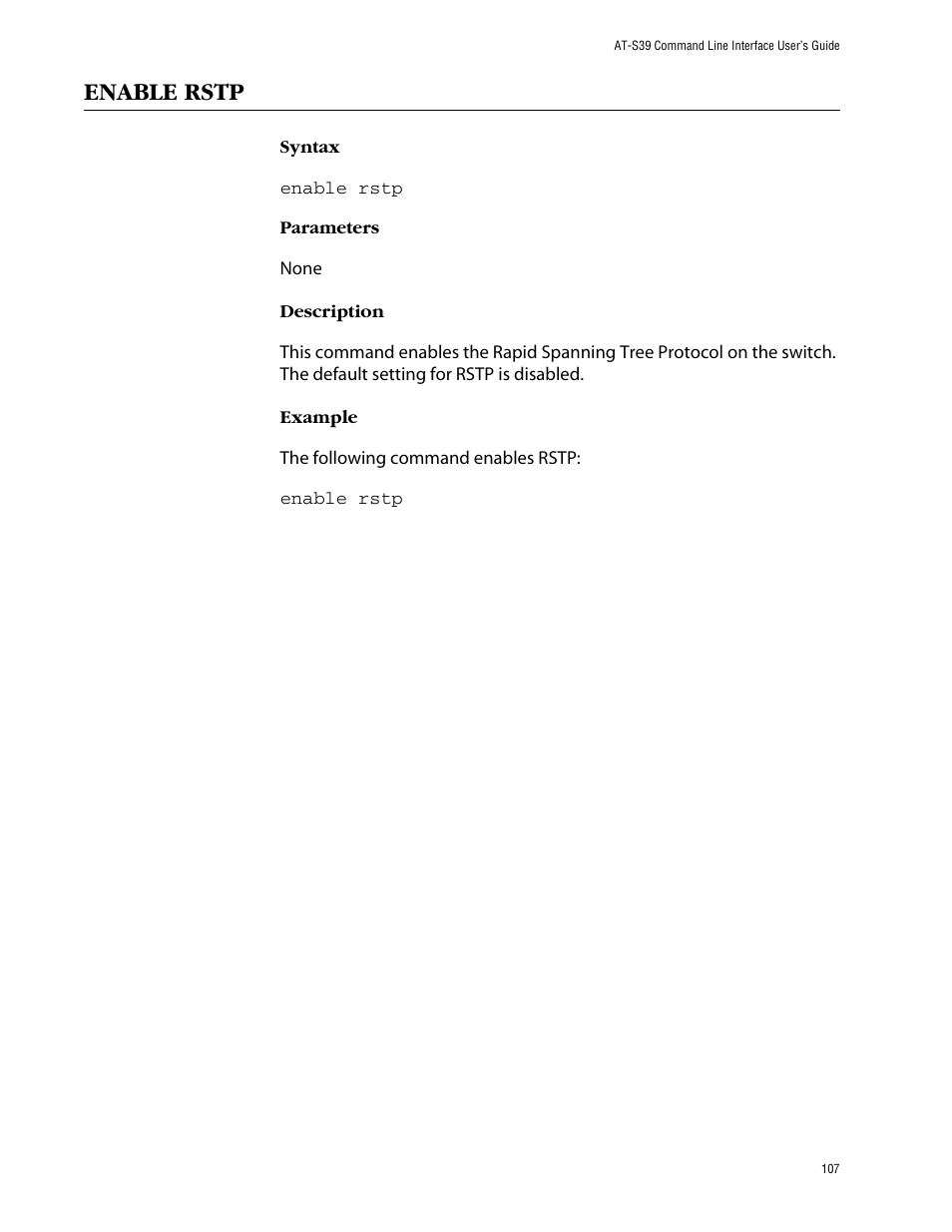 Enable rstp | Allied Telesis AT-S39 User Manual | Page 107 / 203