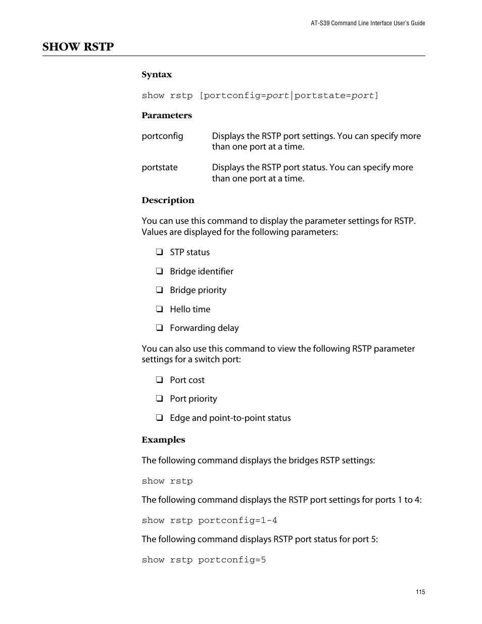 Show rstp | Allied Telesis AT-S39 User Manual | Page 115 / 203