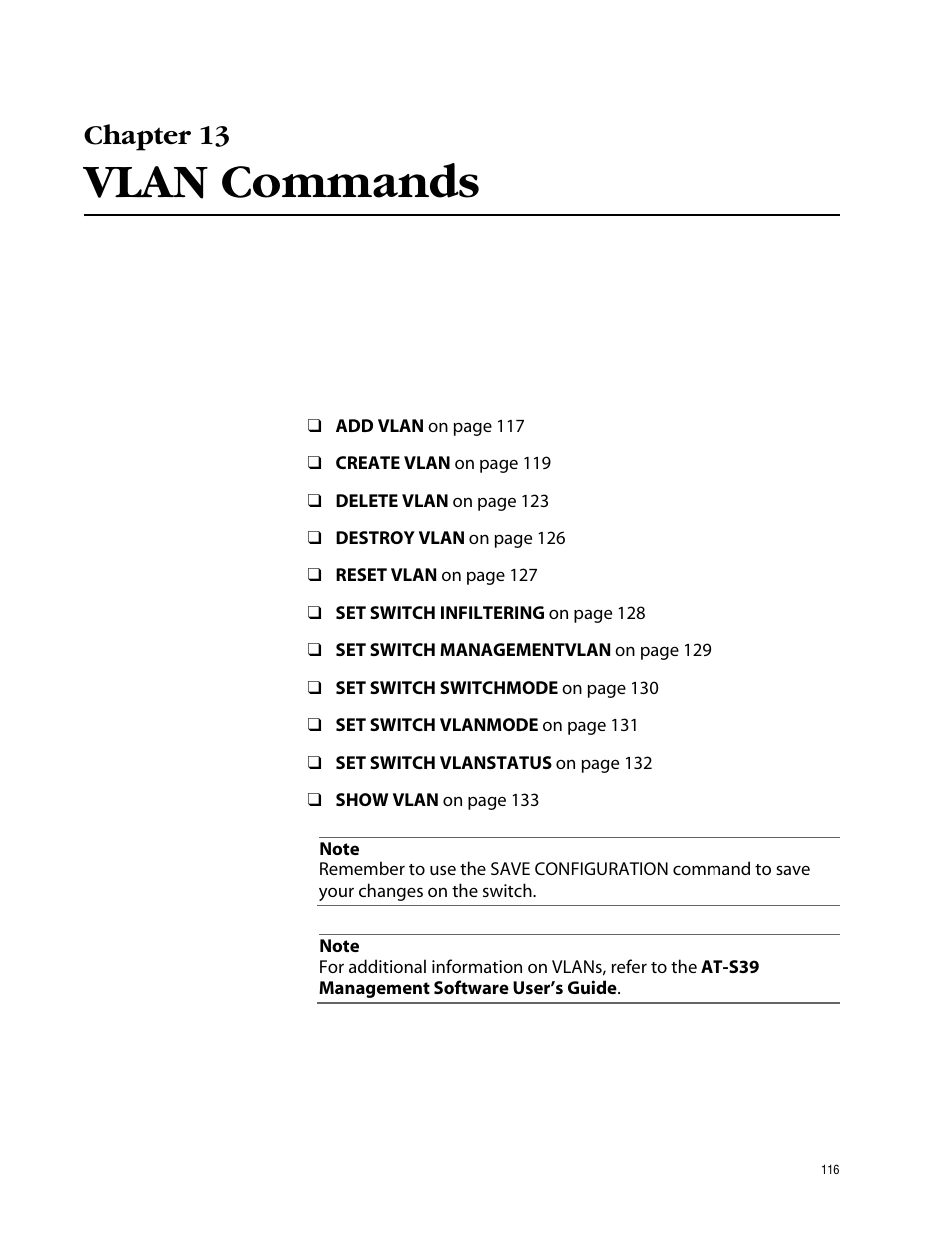 Chapter 13, Vlan commands | Allied Telesis AT-S39 User Manual | Page 116 / 203