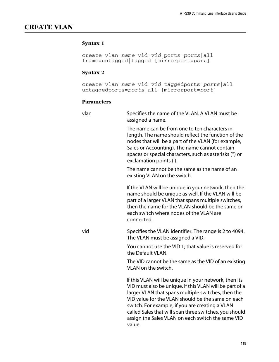 Create vlan | Allied Telesis AT-S39 User Manual | Page 119 / 203