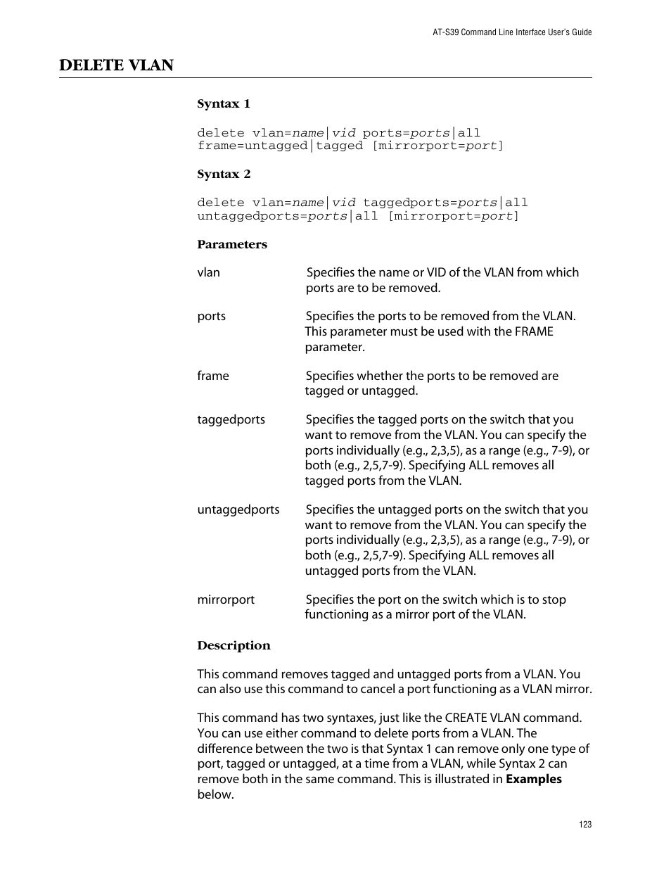 Delete vlan | Allied Telesis AT-S39 User Manual | Page 123 / 203