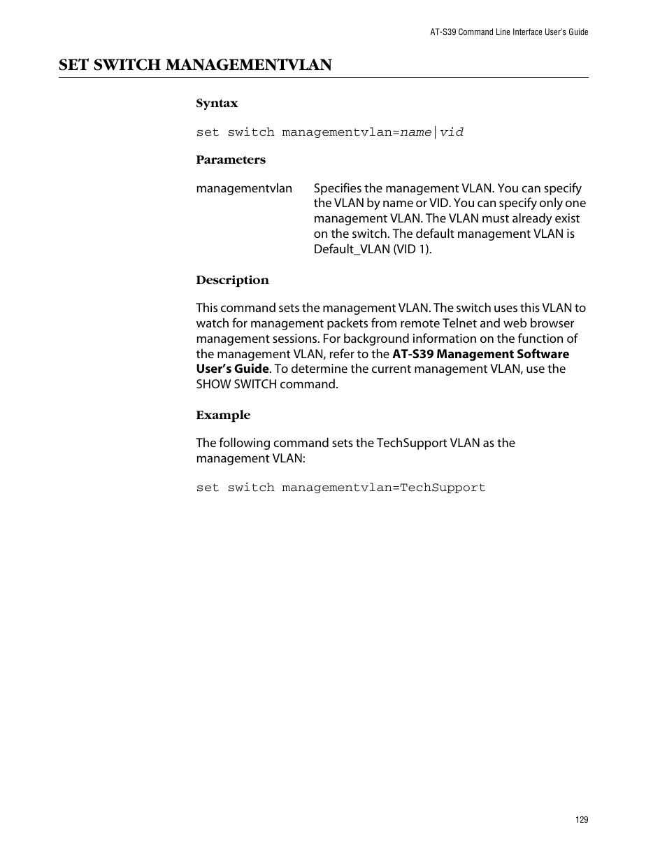 Set switch managementvlan | Allied Telesis AT-S39 User Manual | Page 129 / 203