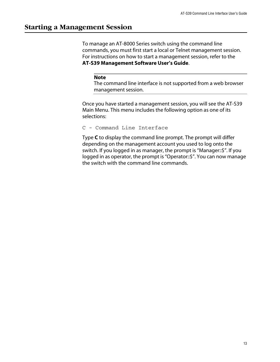 Starting a management session | Allied Telesis AT-S39 User Manual | Page 13 / 203