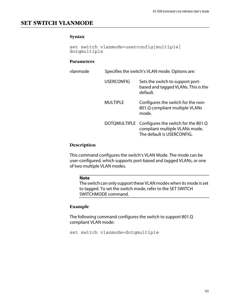 Set switch vlanmode | Allied Telesis AT-S39 User Manual | Page 131 / 203