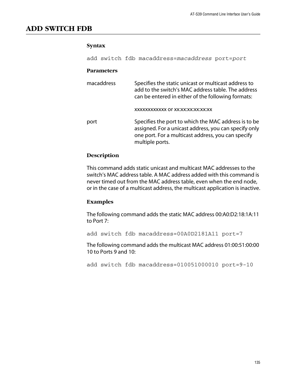 Add switch fdb | Allied Telesis AT-S39 User Manual | Page 135 / 203