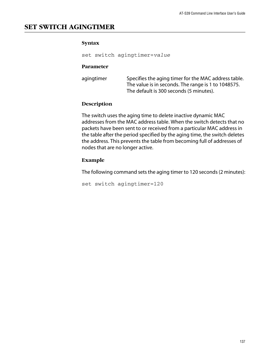 Set switch agingtimer | Allied Telesis AT-S39 User Manual | Page 137 / 203