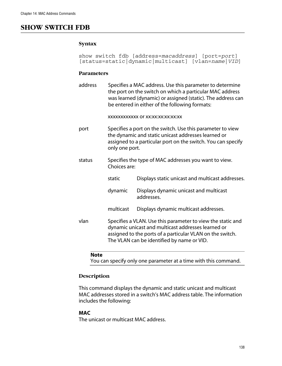 Show switch fdb | Allied Telesis AT-S39 User Manual | Page 138 / 203