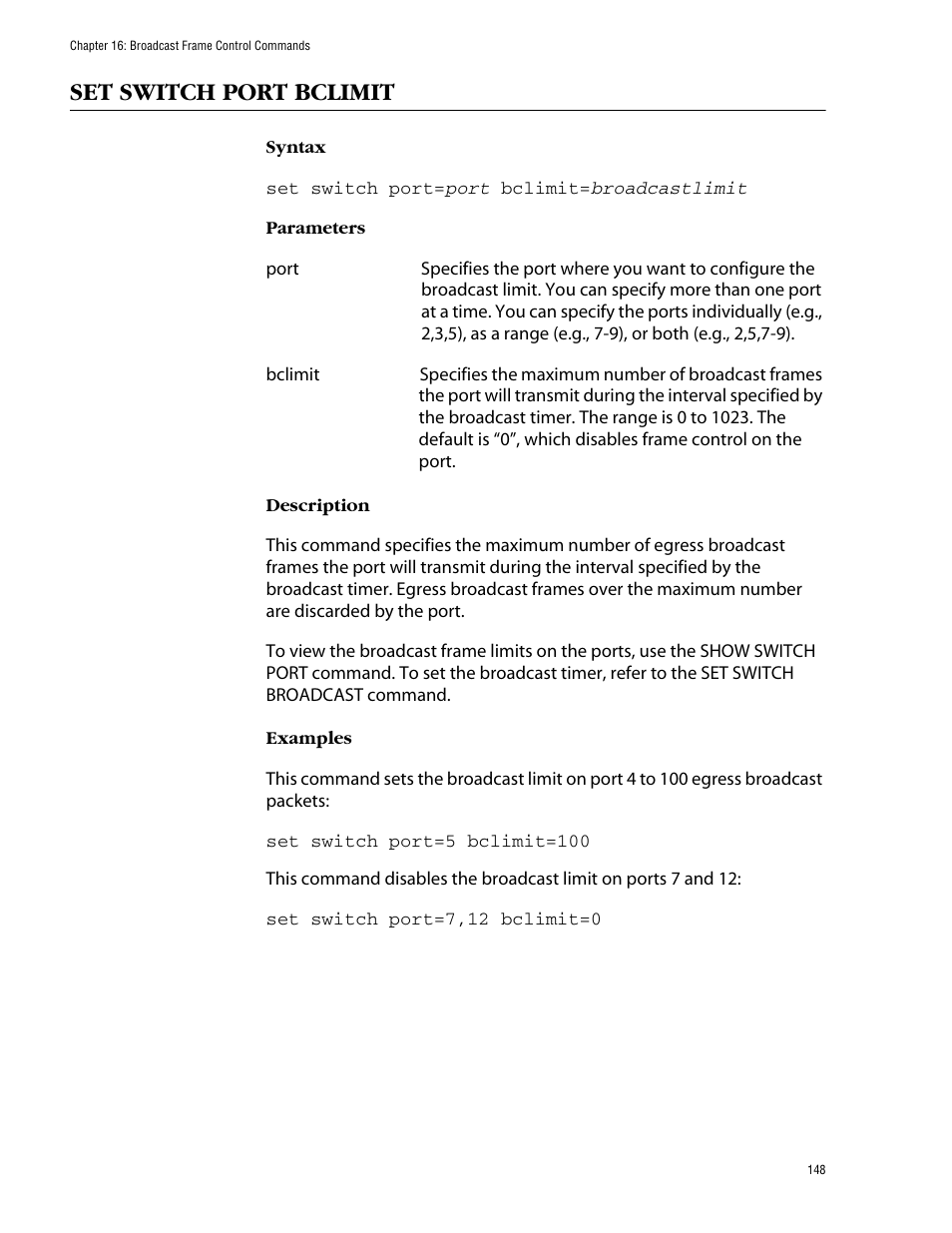 Set switch port bclimit | Allied Telesis AT-S39 User Manual | Page 148 / 203