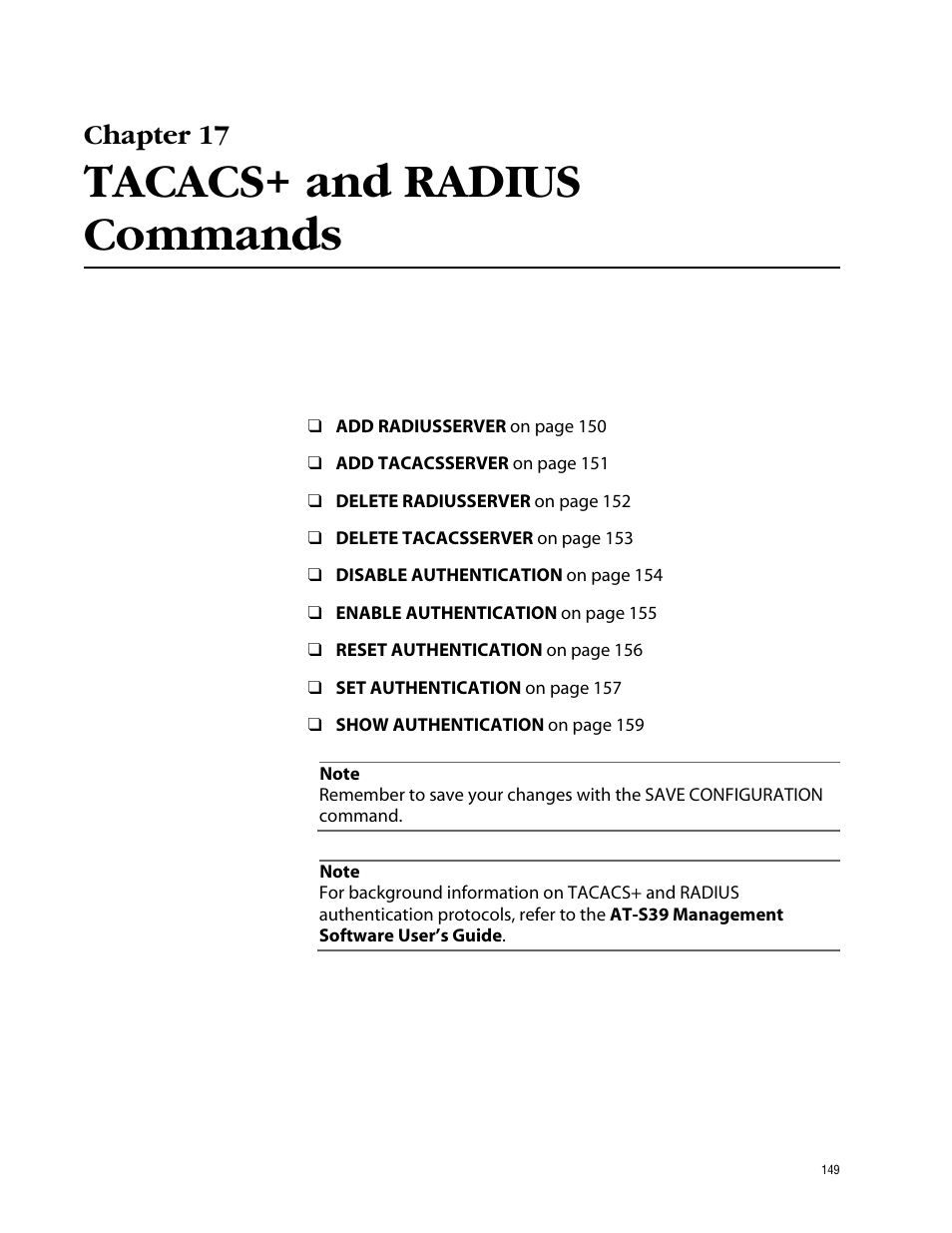 Chapter 17, Tacacs+ and radius commands | Allied Telesis AT-S39 User Manual | Page 149 / 203