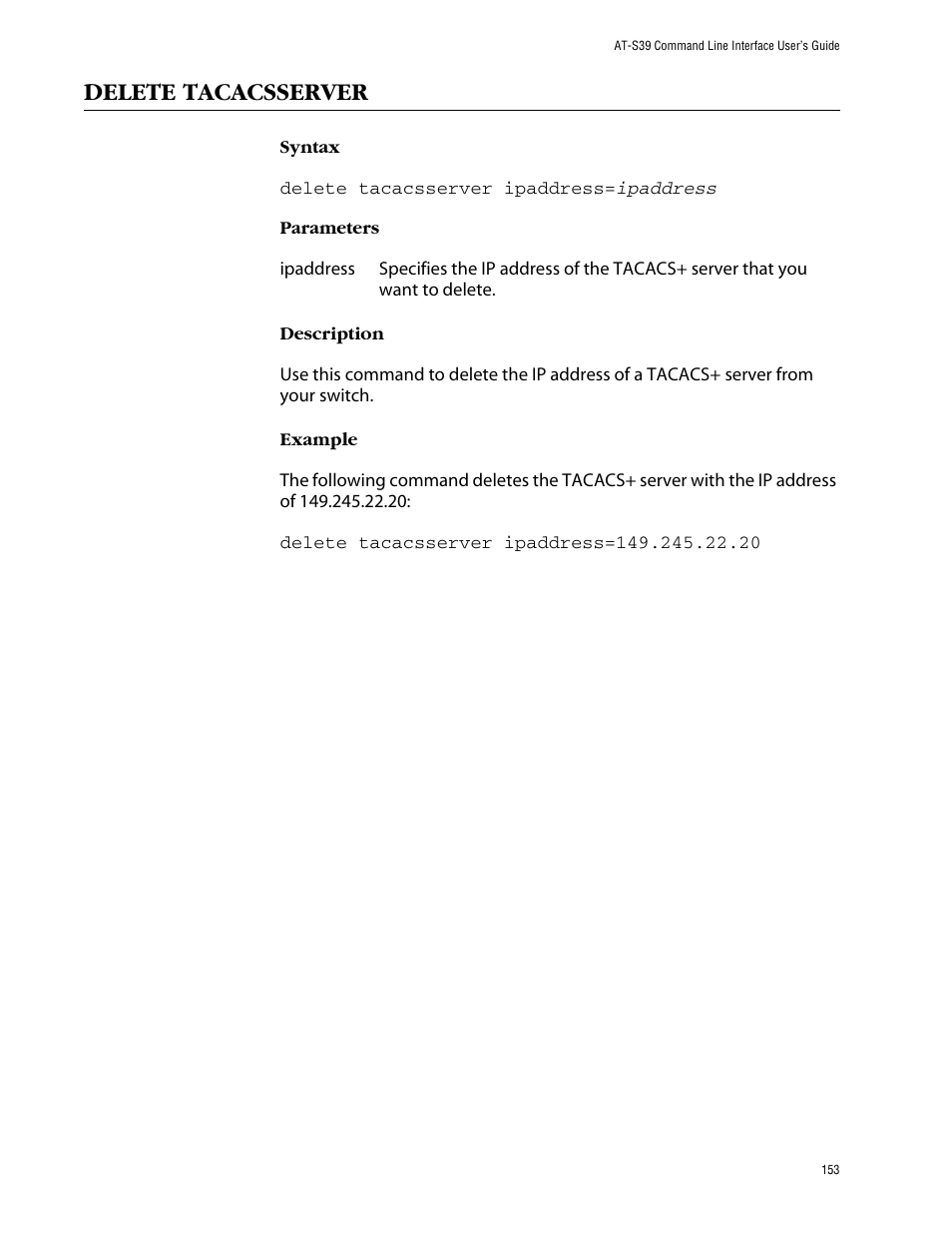 Delete tacacsserver | Allied Telesis AT-S39 User Manual | Page 153 / 203