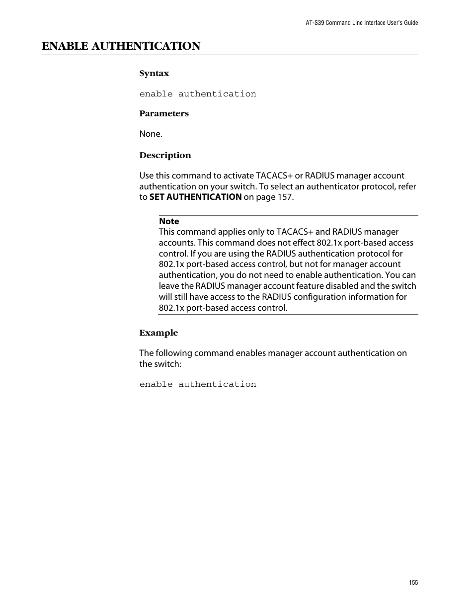 Enable authentication | Allied Telesis AT-S39 User Manual | Page 155 / 203