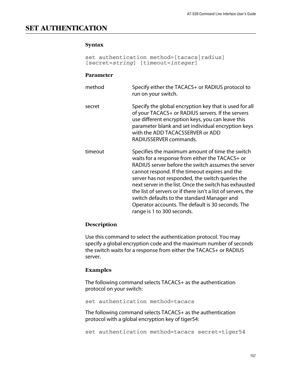 Set authentication | Allied Telesis AT-S39 User Manual | Page 157 / 203