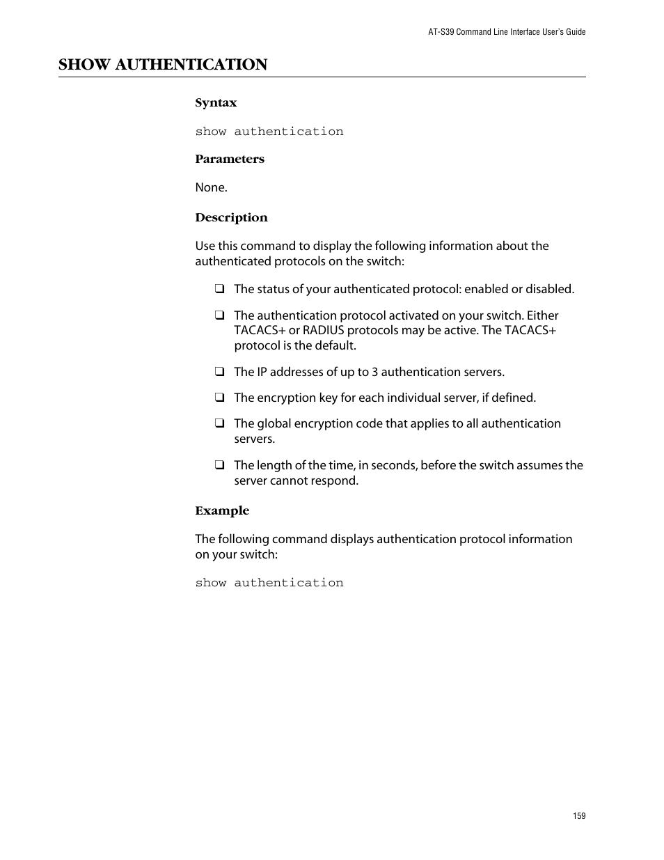 Show authentication | Allied Telesis AT-S39 User Manual | Page 159 / 203