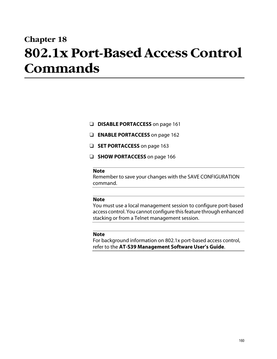 Chapter 18, 1x port-based access control commands | Allied Telesis AT-S39 User Manual | Page 160 / 203