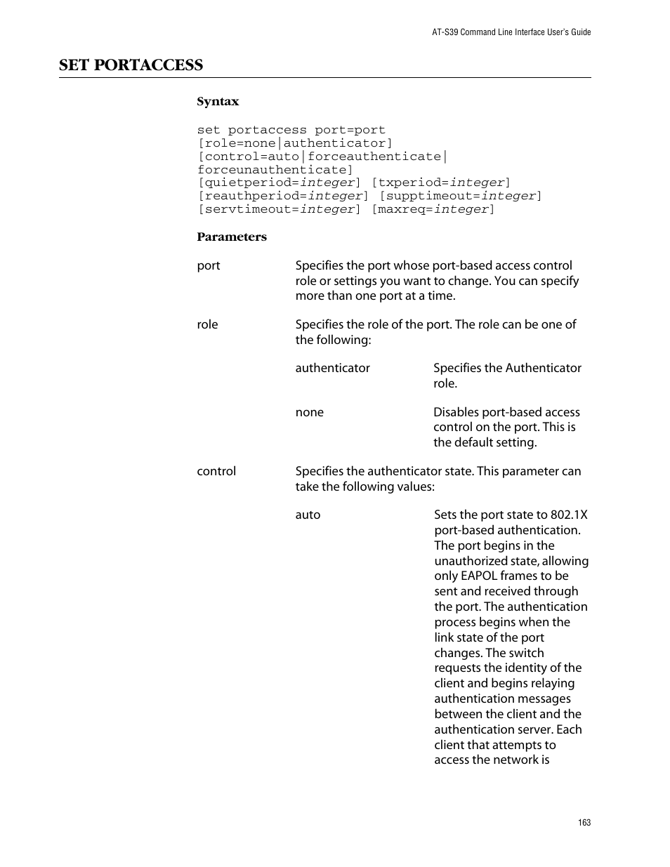 Set portaccess | Allied Telesis AT-S39 User Manual | Page 163 / 203